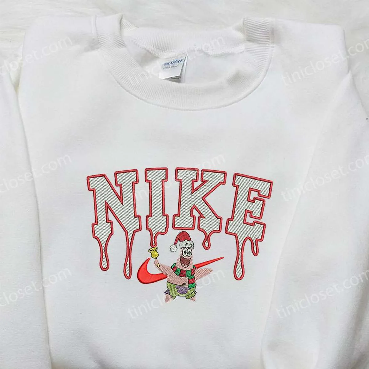 Xmas Patrick Star x Nike Embroidered Sweatshirt, SpongeBob SquarePants 4D Cartoon Embroidered Sweatshirt, Christmas Gift for Family