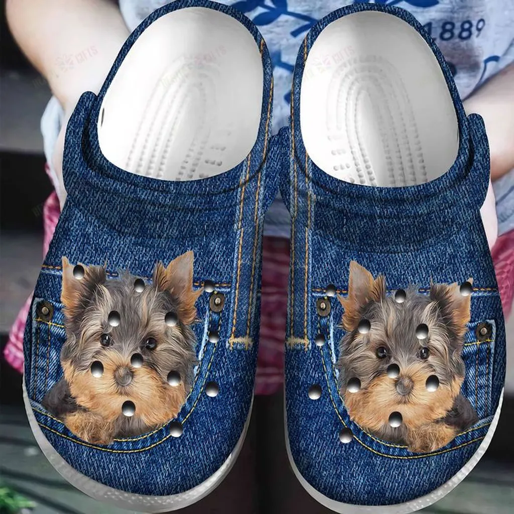 Yorkshire White Sole Yorkie In Jeans Pocket Crocs, Personalized Crocs Classic Clogs